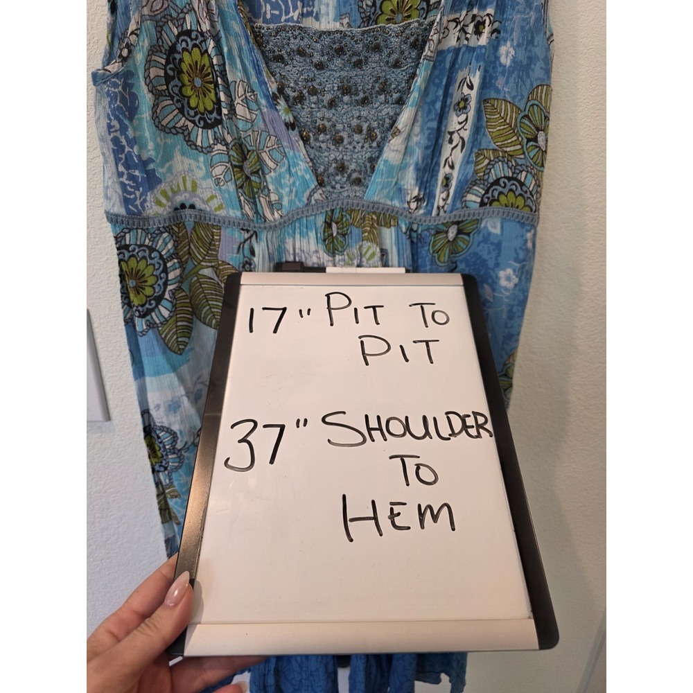Forbidden Tank Dress Sz M Beaded Floral Blue Boho Vacation Resortwear Tie Back - Picture 2 of 5